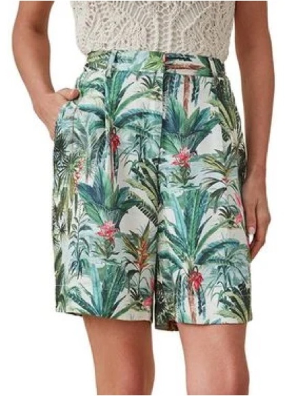 J. McLaughlin Tropical Palm Print High-Waist Shorts Sz 8